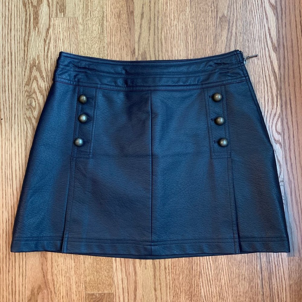 blue faux leather skirt with buttons